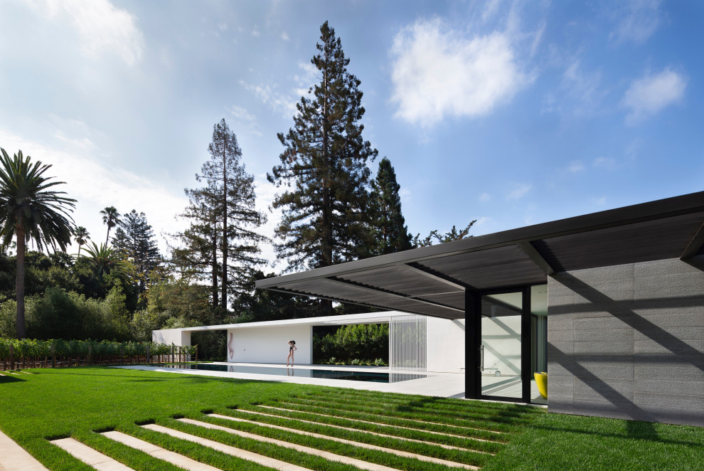 Idée de décoration pour une façade de maison blanche minimaliste en verre de taille moyenne et de plain-pied avec un toit plat et un toit mixte.