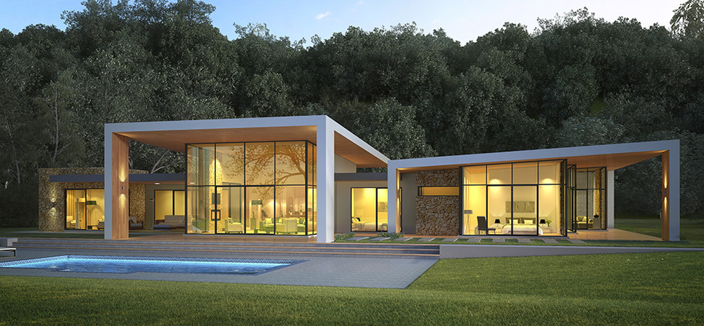 На фото: большой, одноэтажный, серый дом в стиле модернизм с облицовкой из камня и плоской крышей с