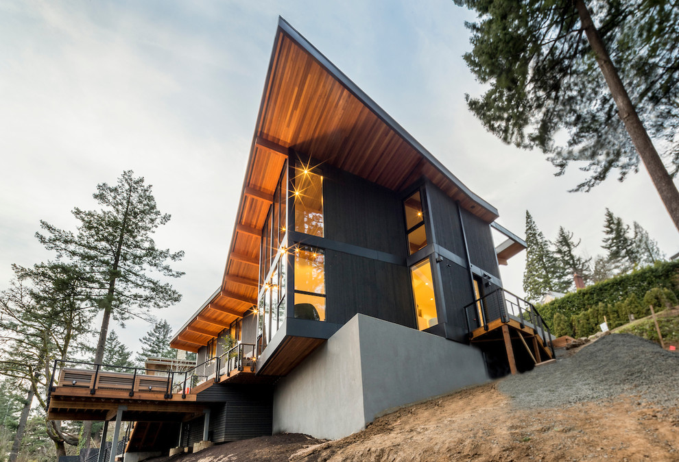 Идея дизайна: большой, двухэтажный, деревянный, черный частный загородный дом в стиле ретро с плоской крышей