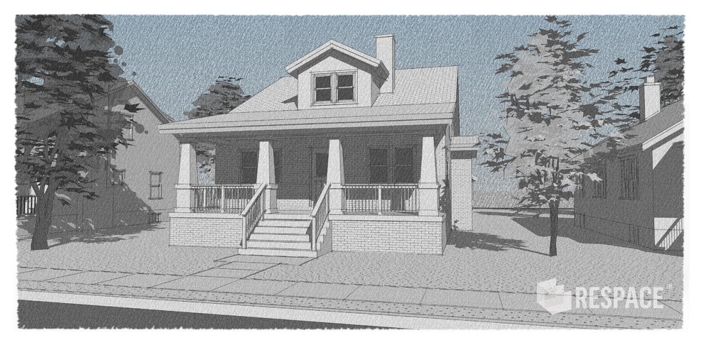 Modelo de fachada de casa de estilo americano de tamaño medio de dos plantas con revestimiento de ladrillo, tejado a dos aguas y tejado de teja de madera
