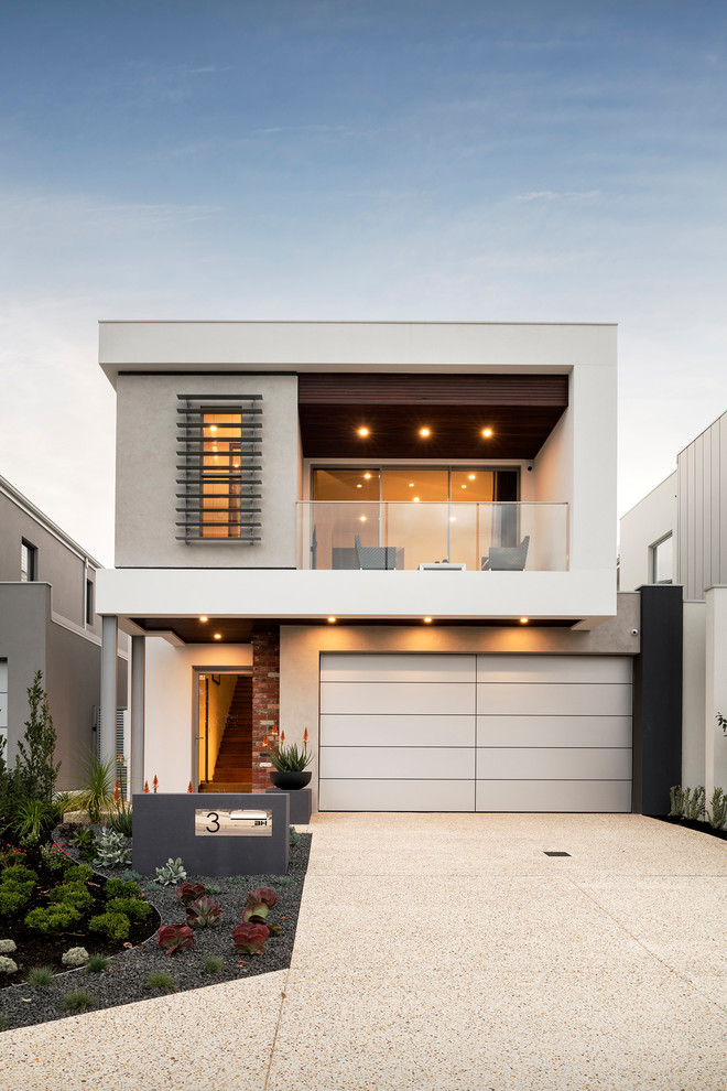 Zweistöckiges Modernes Einfamilienhaus mit Steinfassade, beiger Fassadenfarbe und Flachdach in Perth