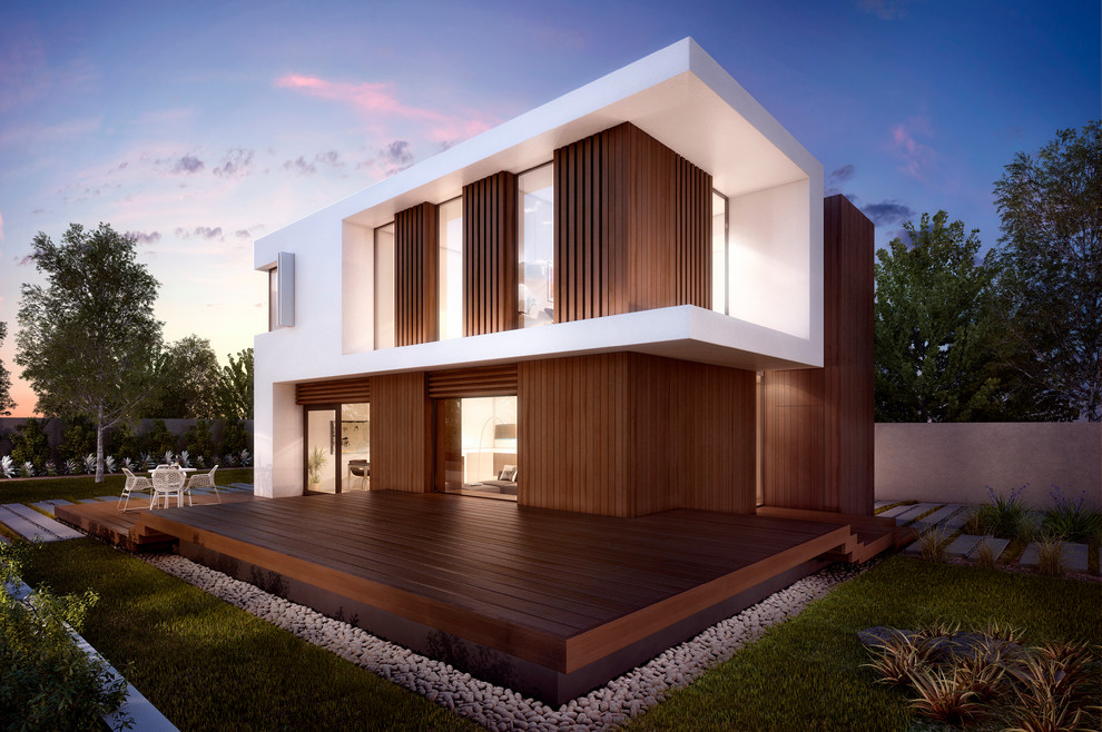 Идея дизайна: двухэтажный, деревянный, белый дом среднего размера в современном стиле с плоской крышей