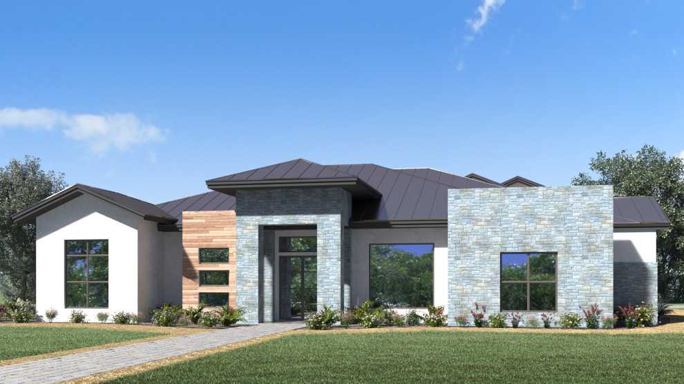 Idee per la facciata di una casa bianca moderna a due piani di medie dimensioni con rivestimento in stucco e copertura in metallo o lamiera