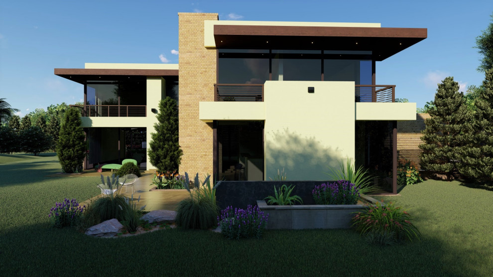 Стильный дизайн: одноэтажный, кирпичный, желтый частный загородный дом среднего размера в стиле модернизм с плоской крышей и металлической крышей - последний тренд