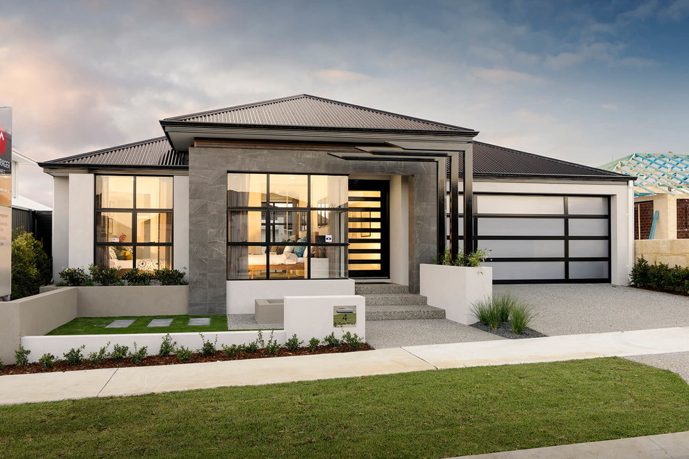 Großes, Einstöckiges Modernes Einfamilienhaus mit Steinfassade, grauer Fassadenfarbe, Walmdach und Blechdach in Perth