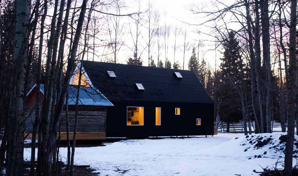 Свежая идея для дизайна: маленький, одноэтажный, черный частный загородный дом в современном стиле с облицовкой из металла, двускатной крышей и металлической крышей для на участке и в саду - отличное фото интерьера
