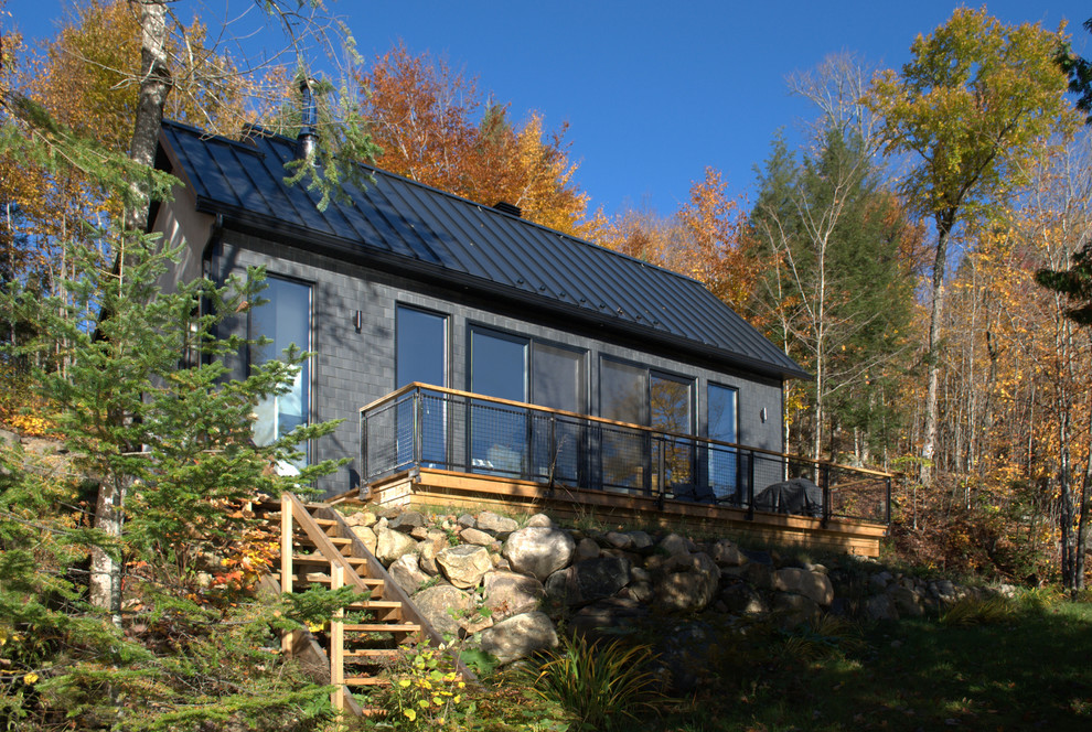 Foto de fachada de casa gris contemporánea pequeña de una planta con revestimiento de madera, tejado de un solo tendido y tejado de metal
