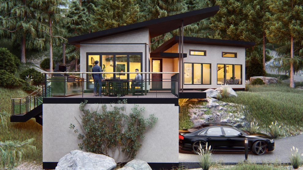Esempio della facciata di una casa piccola beige contemporanea a un piano con rivestimento in mattoni e copertura in metallo o lamiera