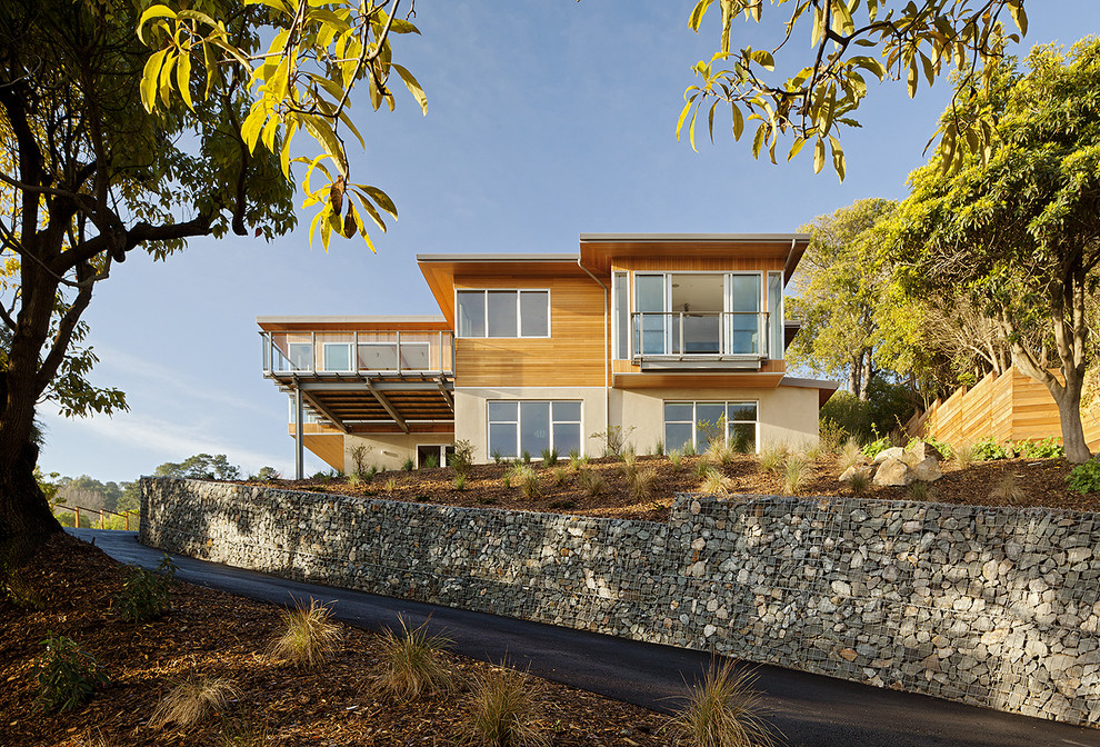 Ispirazione per la facciata di una casa moderna con rivestimento in legno