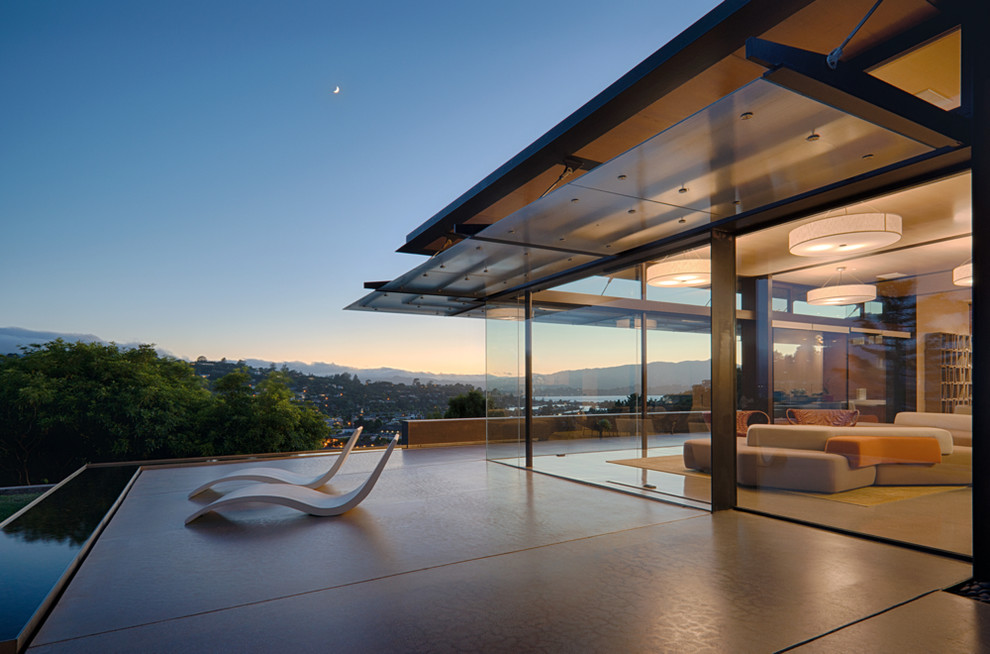 Large minimalist multicolored two-story glass exterior home photo in San Francisco
