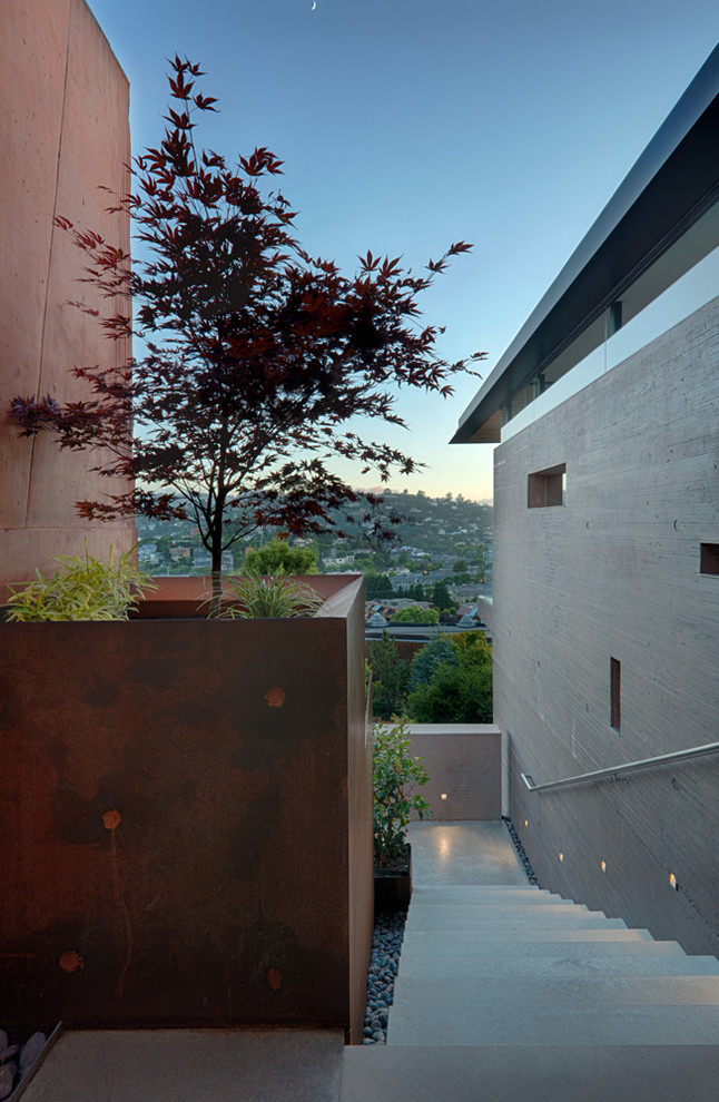 Großes, Zweistöckiges Modernes Einfamilienhaus mit Betonfassade, bunter Fassadenfarbe und Flachdach in San Francisco