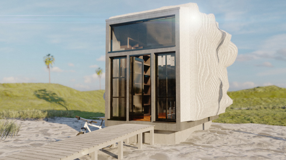 Ejemplo de fachada de casa blanca minimalista pequeña de una planta con revestimiento de metal, tejado plano y tejado de metal