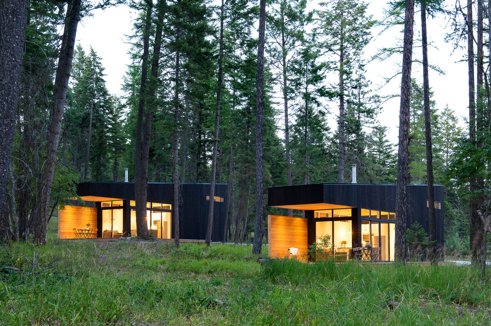 Kleines, Einstöckiges Rustikales Haus mit schwarzer Fassadenfarbe, Pultdach und Blechdach in Sonstige