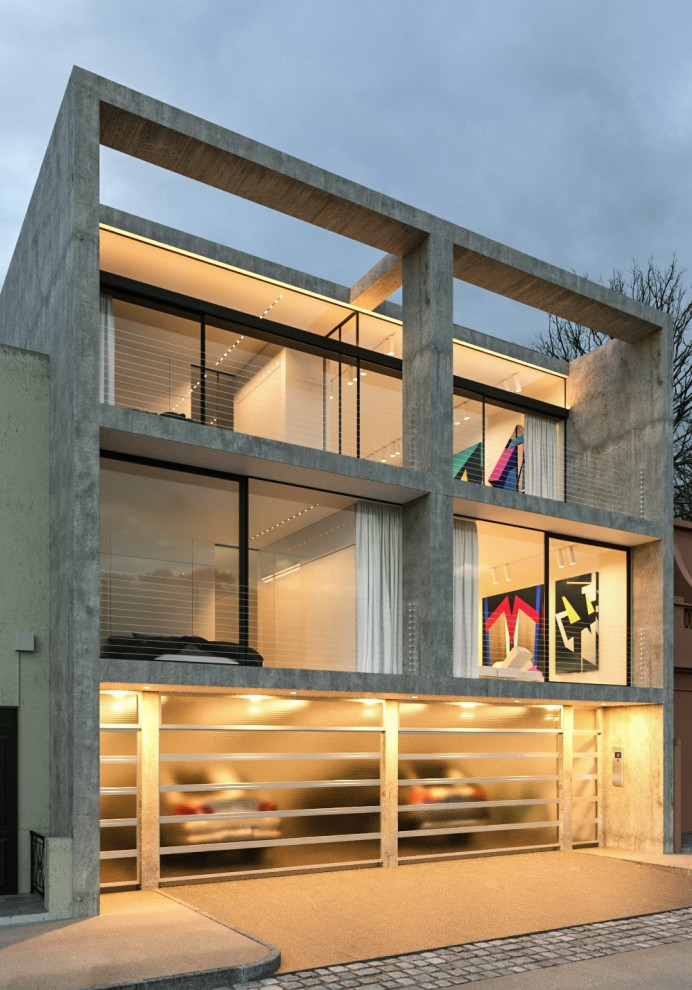 Пример оригинального дизайна: трехэтажный, серый таунхаус среднего размера в стиле лофт с облицовкой из бетона, плоской крышей и крышей из смешанных материалов