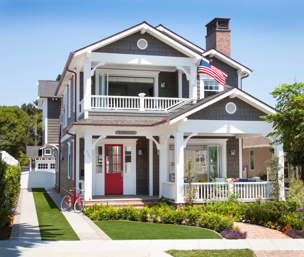 Elegant gray two-story wood gable roof photo in San Diego