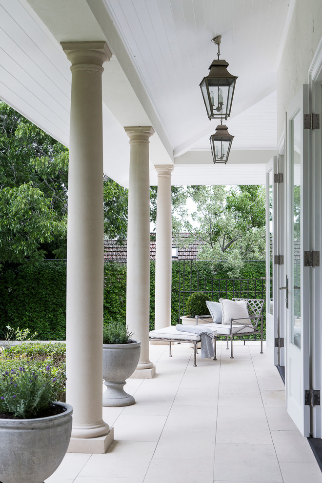 Inspiration for a white classic two floor brick house exterior in Sydney with a hip roof.