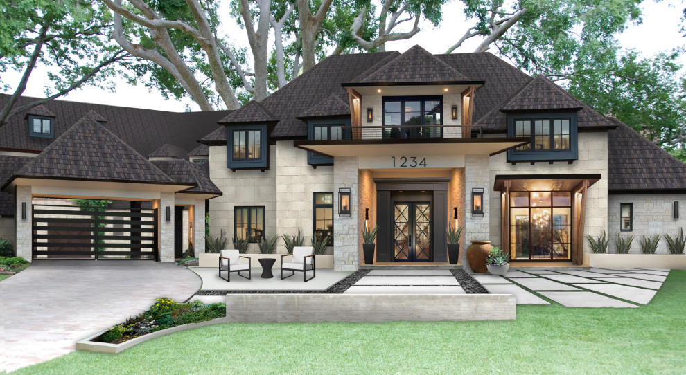 Стильный дизайн: разноцветный частный загородный дом в стиле неоклассика (современная классика) с облицовкой из камня - последний тренд