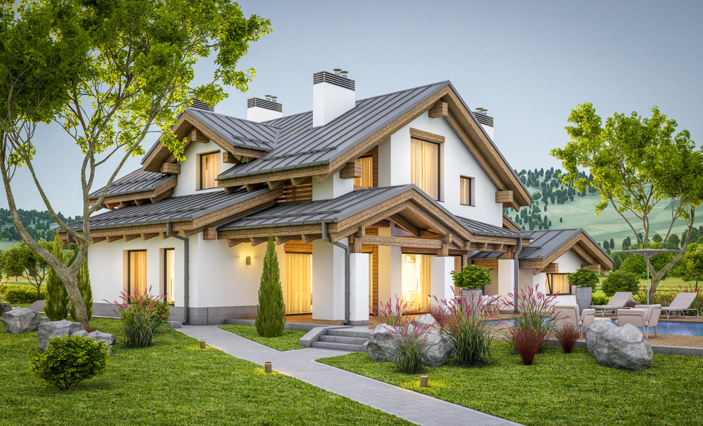 Ejemplo de fachada de casa blanca minimalista de tamaño medio de dos plantas con revestimientos combinados, tejado a dos aguas y tejado de metal