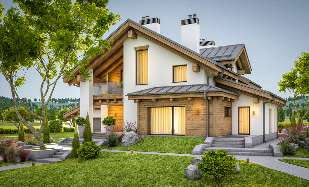 Inspiration pour une façade de maison blanche minimaliste de taille moyenne et à un étage avec un revêtement mixte, un toit à deux pans et un toit en métal.