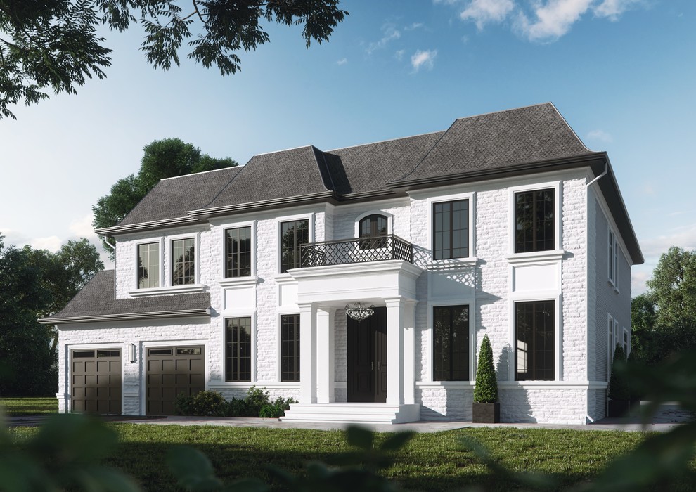 Idee per la villa grande bianca classica a due piani con rivestimento in pietra, tetto a padiglione e copertura a scandole