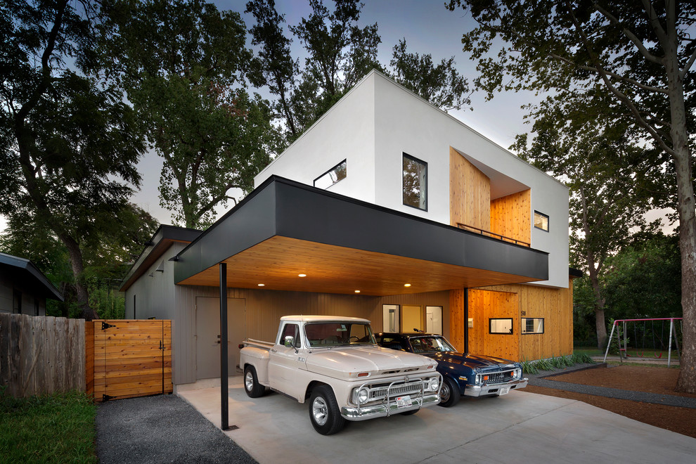 Mittelgroßes, Zweistöckiges Modernes Haus mit Flachdach in Austin