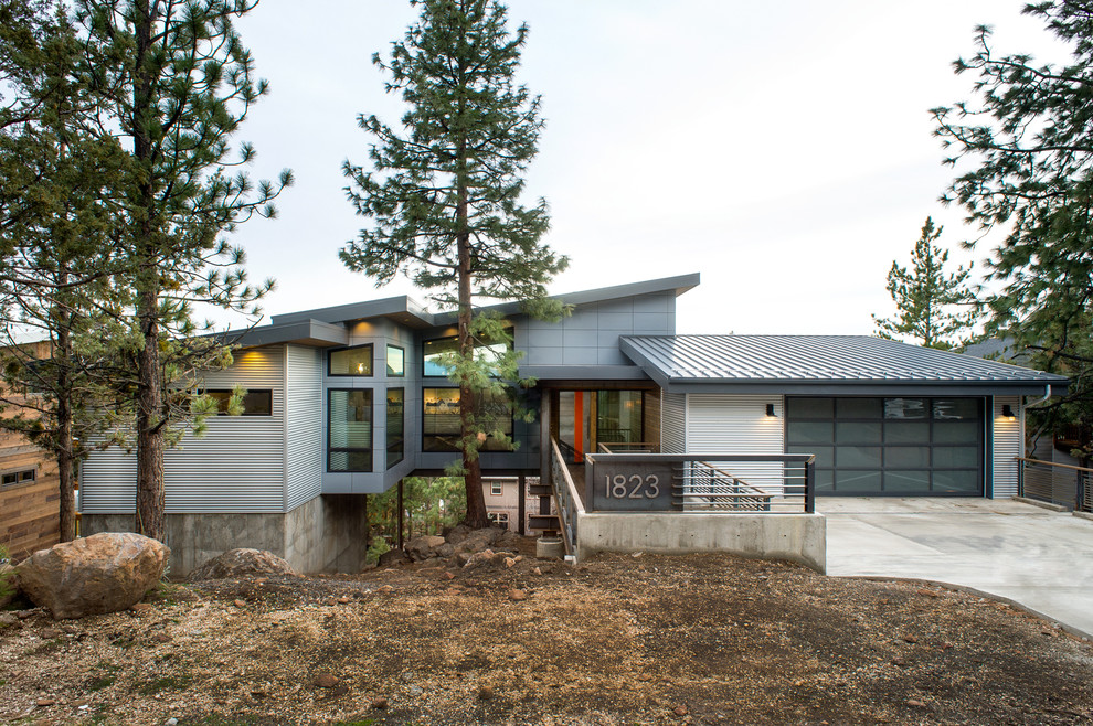 Réalisation d'une façade de maison grise design en panneau de béton fibré de taille moyenne et de plain-pied avec un toit plat.