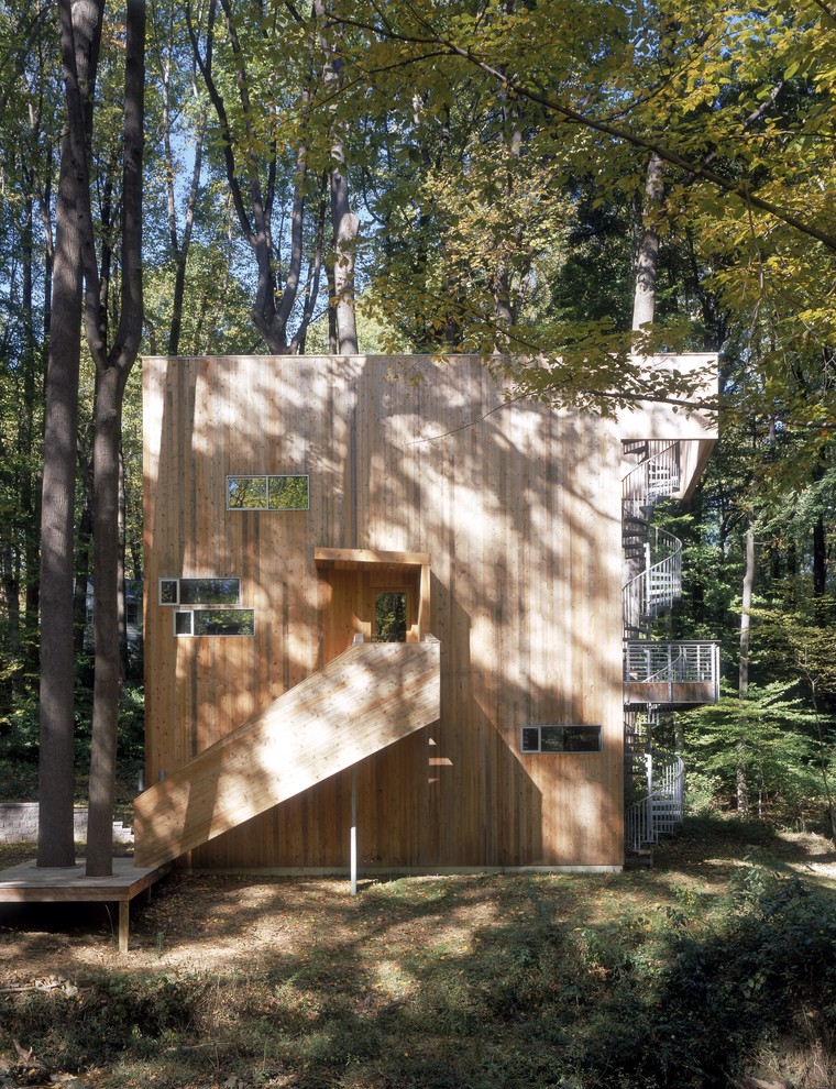 Immagine della facciata di una casa beige contemporanea a tre piani con rivestimento in legno e tetto piano