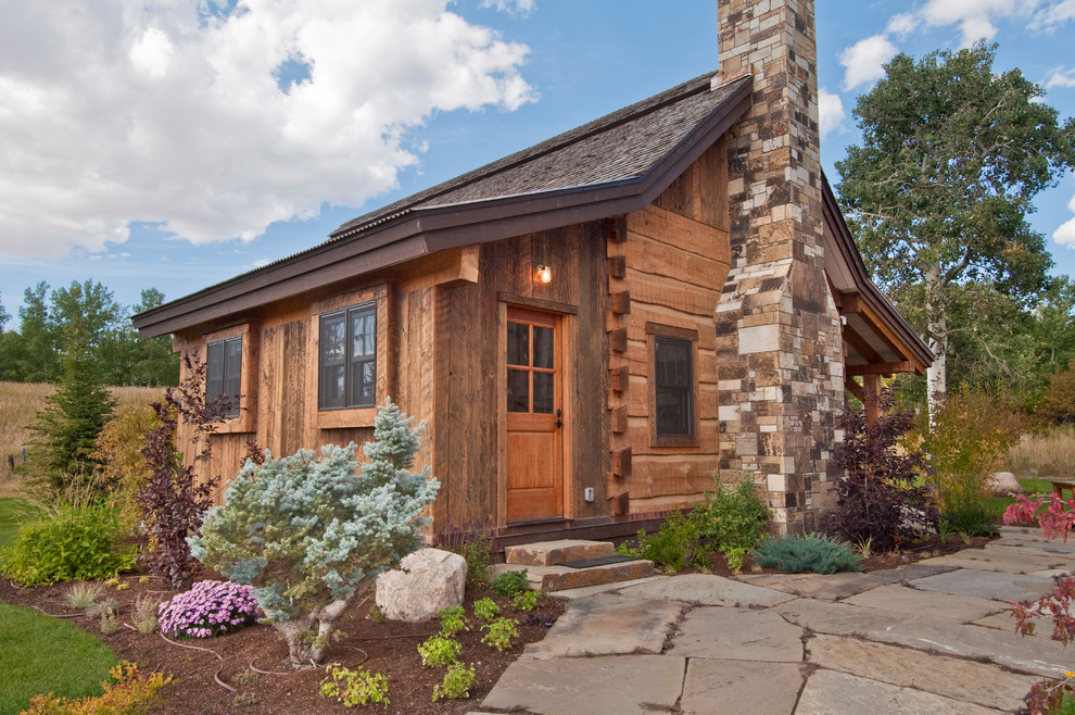Mountain style wood exterior home photo in Salt Lake City