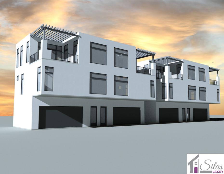 Foto de fachada de casa minimalista de tres plantas con revestimiento de ladrillo y tejado de metal