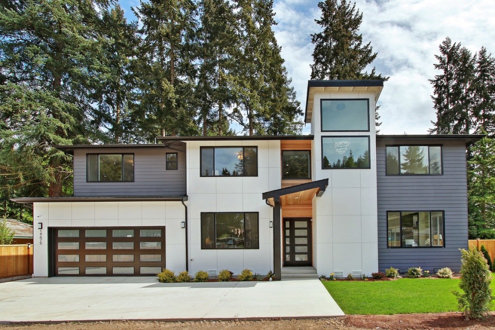 Пример оригинального дизайна: двухэтажный, разноцветный частный загородный дом в современном стиле с комбинированной облицовкой и отделкой планкеном