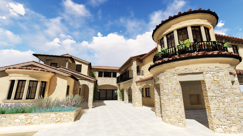 Huge mediterranean beige three-story stone exterior home idea in Los Angeles with a tile roof