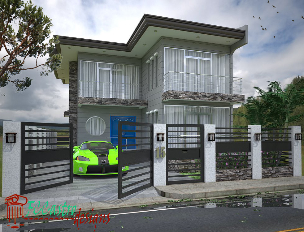 Idée de décoration pour une façade de maison verte minimaliste à deux étages et plus avec un toit en appentis.