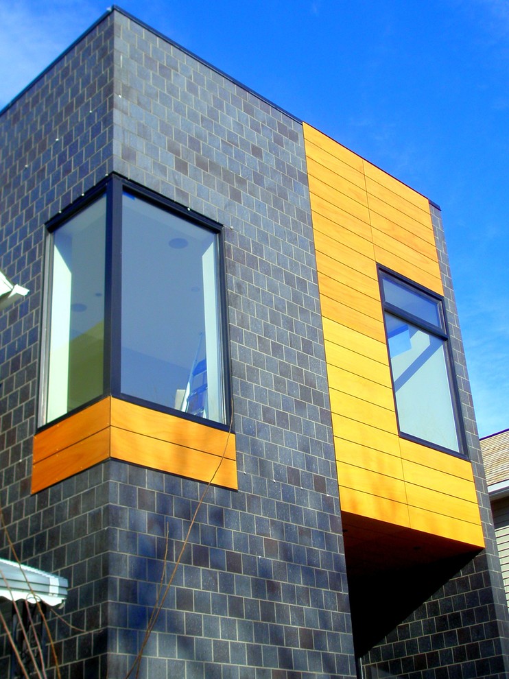 На фото: двухэтажный, деревянный, черный дом среднего размера в стиле модернизм с плоской крышей