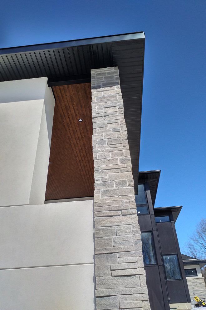 Example of a minimalist black three-story concrete fiberboard house exterior design in Ottawa