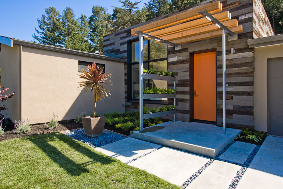 Diseño de fachada marrón contemporánea pequeña de una planta con revestimiento de madera y tejado plano