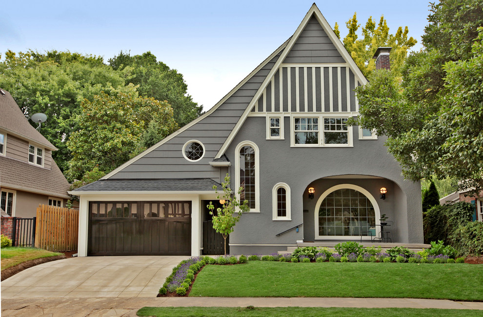 Inspiration for a mid-sized timeless gray two-story mixed siding exterior home remodel in Portland