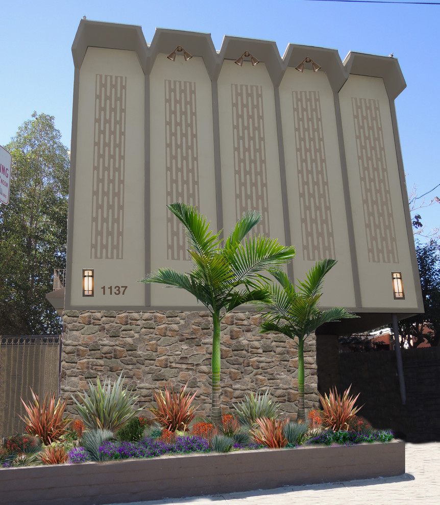 Diseño de fachada marrón retro de dos plantas con revestimiento de estuco
