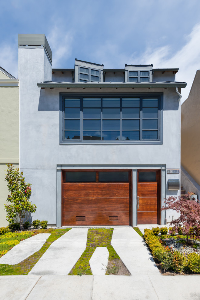 Gey contemporary two floor house exterior in San Francisco.