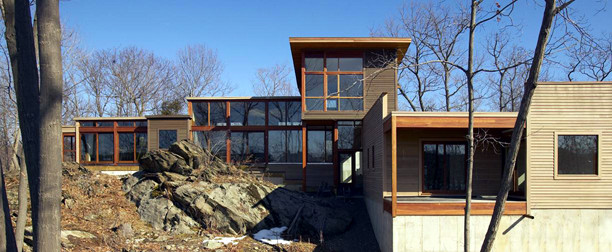 Cette image montre une façade de maison marron design en bois avec un toit plat.