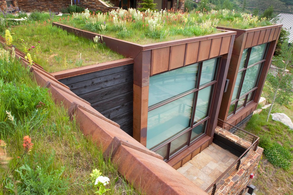 Large modern brown two-story metal exterior home idea in Denver
