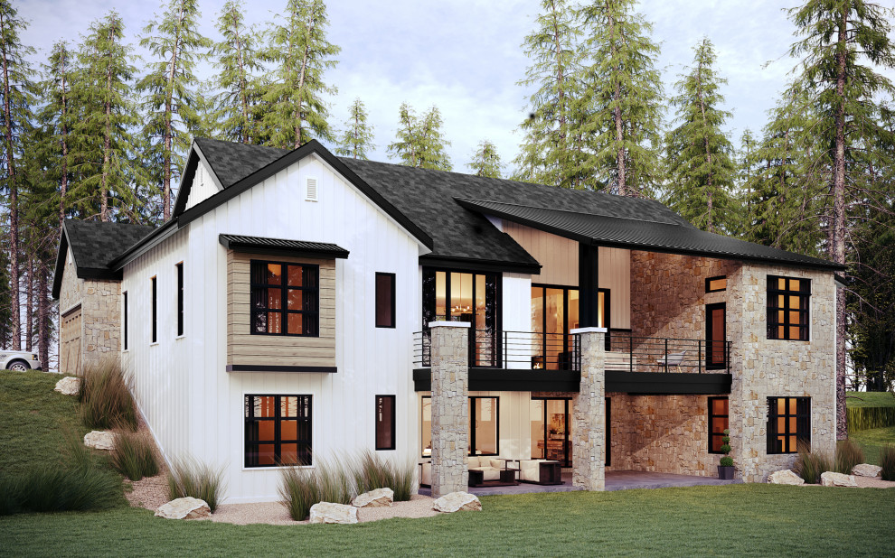 Mittelgroßes, Einstöckiges Landhaus Haus mit weißer Fassadenfarbe, Satteldach und Blechdach in Denver