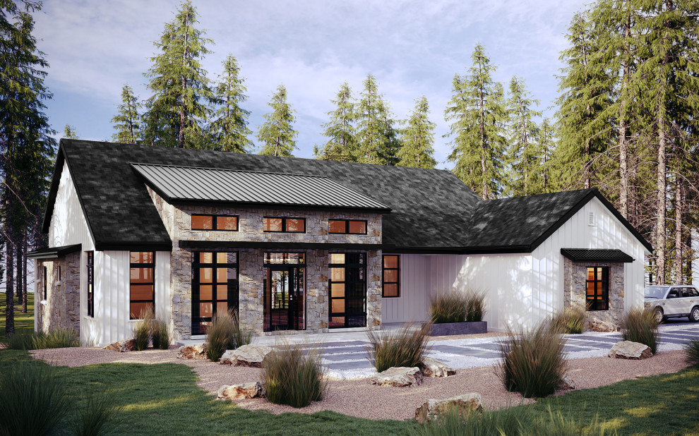 Diseño de fachada de casa blanca y negra campestre de tamaño medio de una planta con revestimiento de madera, tejado a dos aguas y tejado de varios materiales