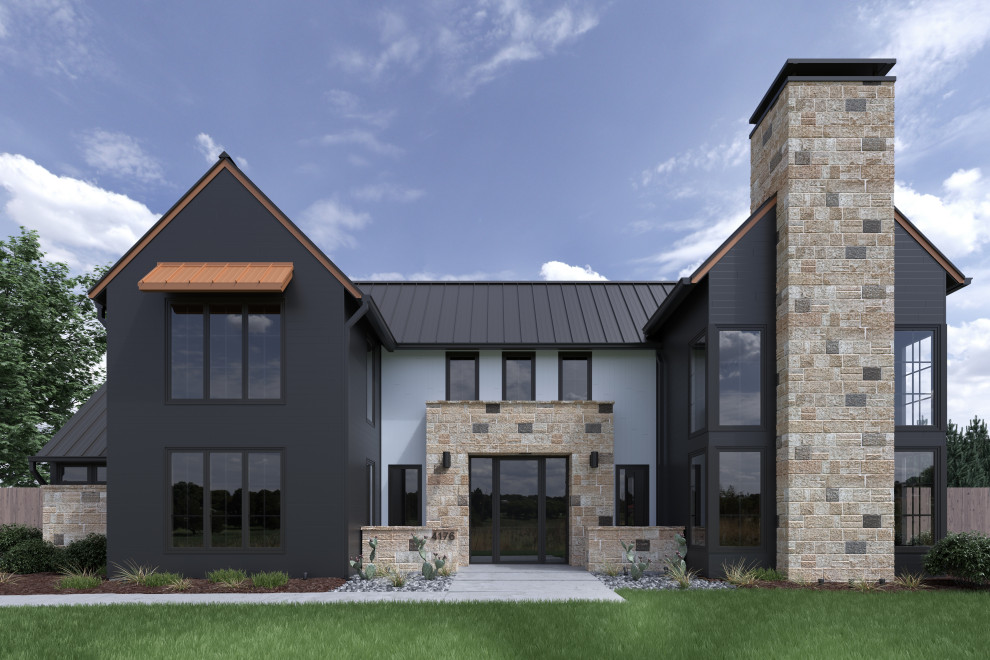 Идея дизайна: большой, трехэтажный, черный частный загородный дом в стиле модернизм с облицовкой из металла