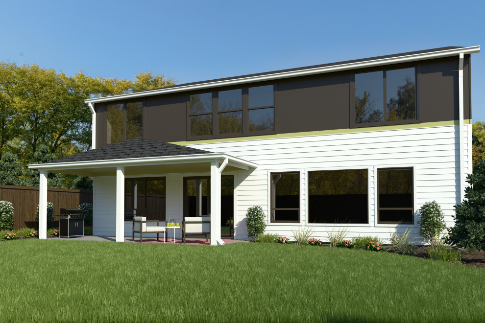 Großes, Dreistöckiges Modernes Einfamilienhaus mit Metallfassade und grauer Fassadenfarbe in Grand Rapids