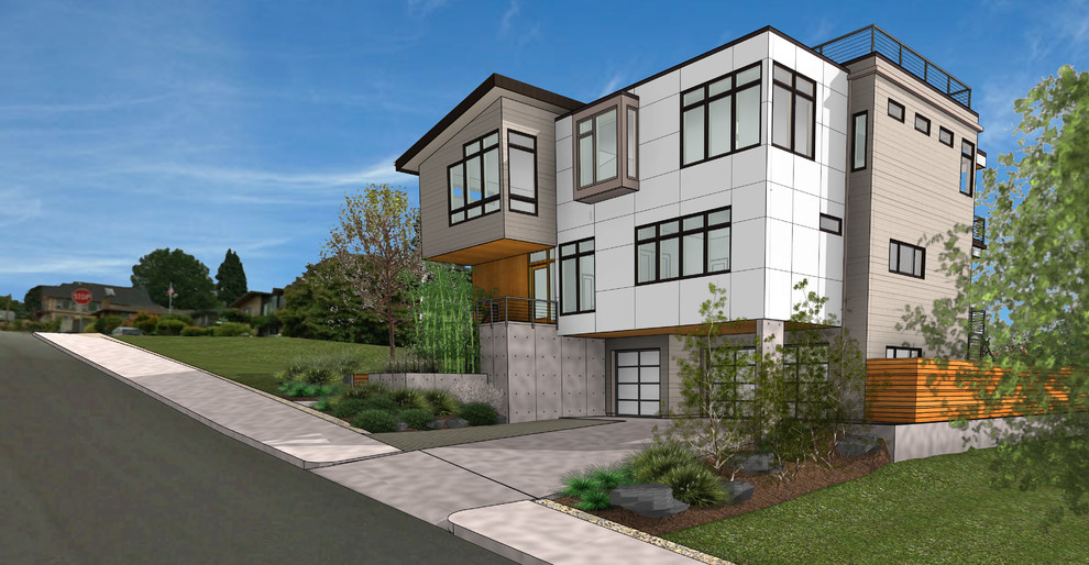 Cette photo montre une façade de maison grise tendance à deux étages et plus avec un revêtement mixte.