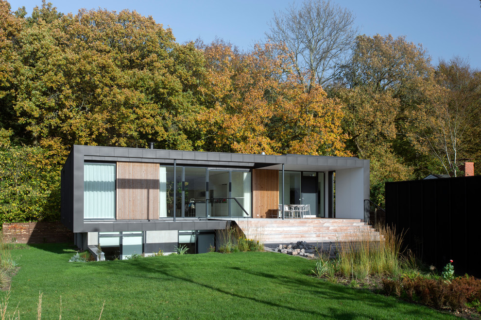 Cette image montre une façade de maison noire minimaliste en béton de taille moyenne et à un étage avec un toit plat.