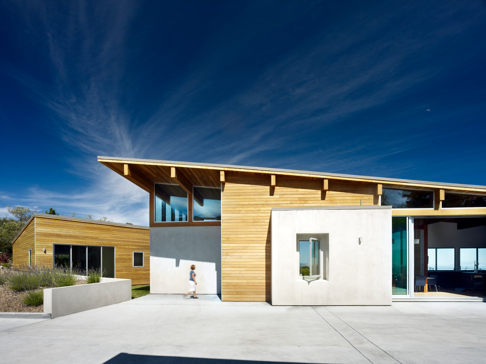 Идея дизайна: одноэтажный, деревянный, большой, белый дом в современном стиле с односкатной крышей