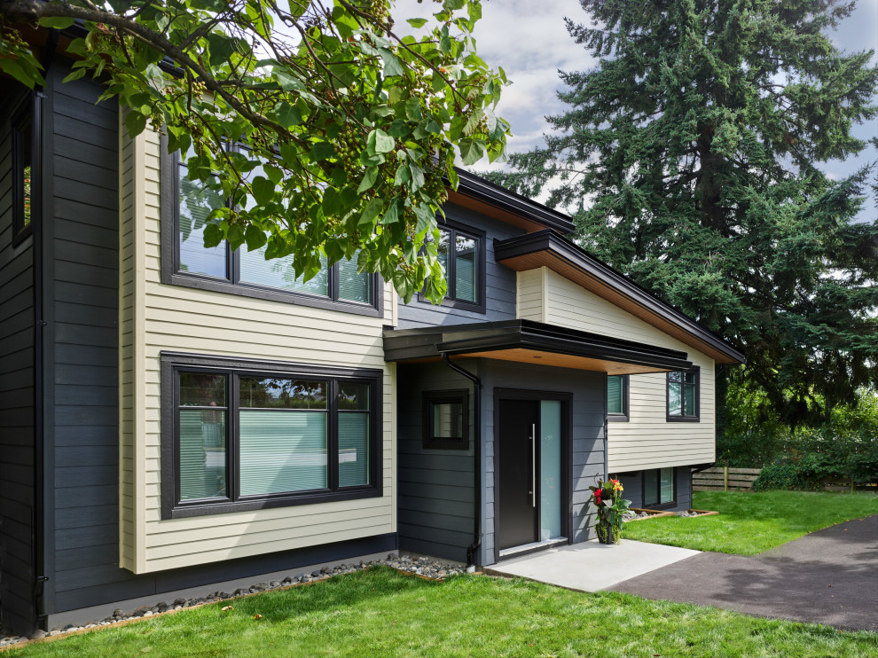 Cette image montre une façade de maison multicolore design en panneau de béton fibré de taille moyenne et à niveaux décalés avec un toit en appentis et un toit végétal.