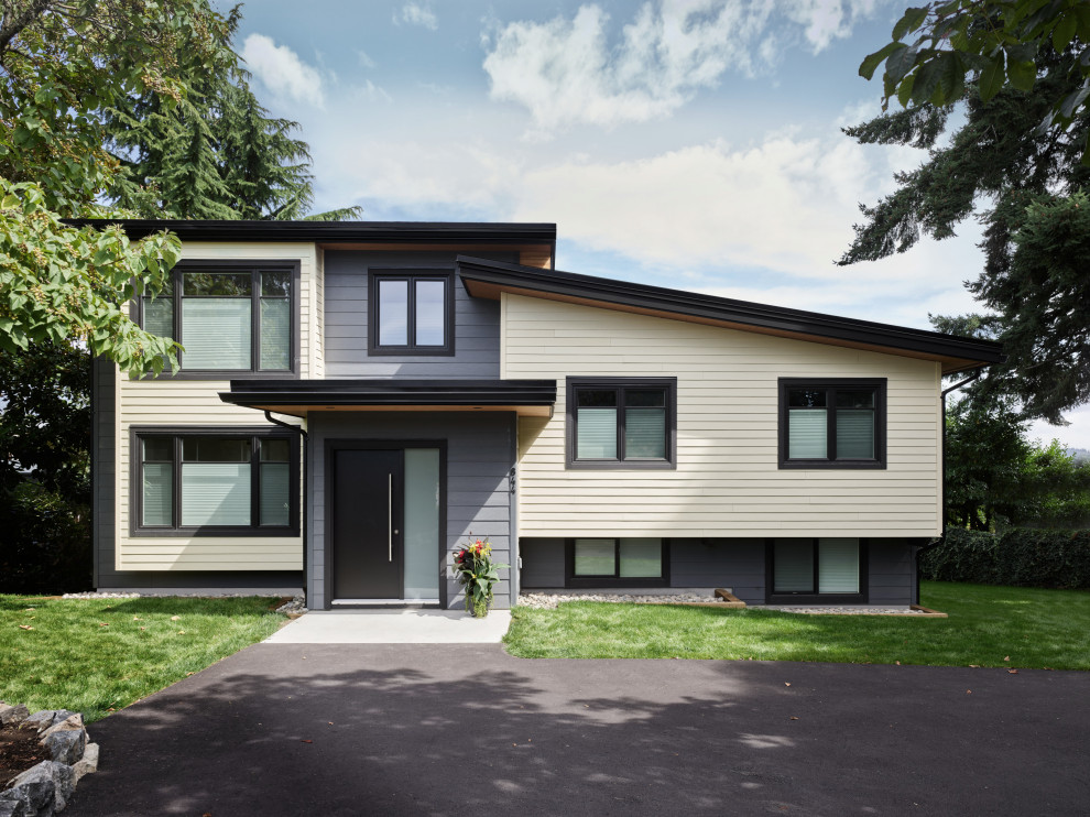 На фото: разноцветный частный загородный дом среднего размера в современном стиле с разными уровнями, облицовкой из ЦСП, односкатной крышей и зеленой крышей с