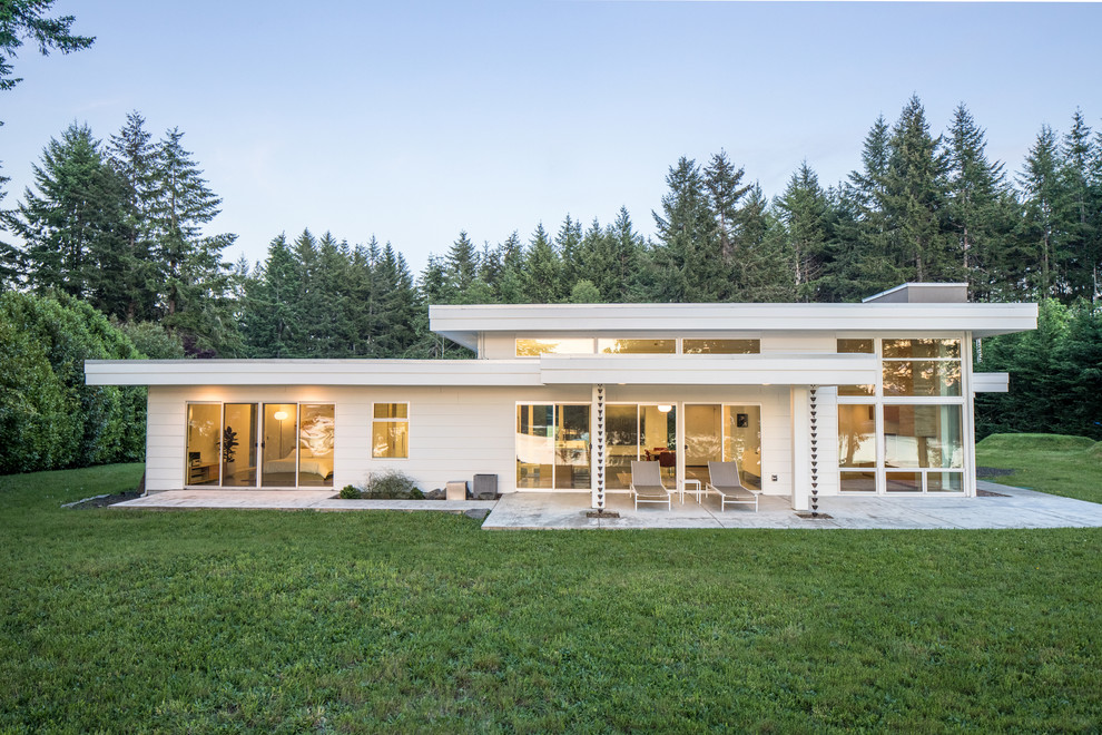 Modelo de fachada de casa blanca minimalista de tamaño medio de una planta con revestimiento de madera y tejado plano